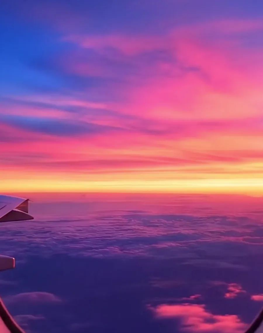 Sunset over the clouds seen from an aeroplane window
